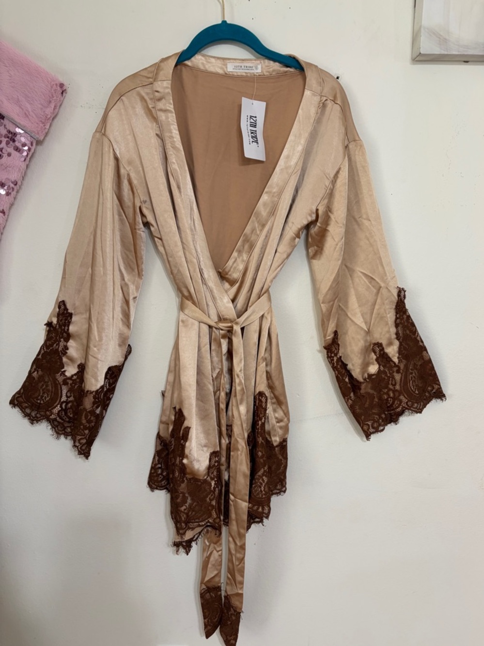 12th Tribe Beige Wrap Robe with Brown Lace Trim - Picture 5 of 16